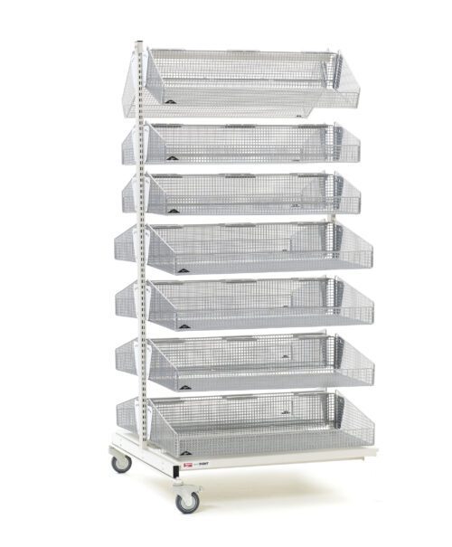 The Metro QB236-M14A qwikSIGHT Mobile Double-Sided 14-Basket Shelving Add-On Unit is a tall, wheeled storage or display solution featuring multiple perforated metal baskets, a sleek white base, and a lightweight 36 L frame for easy mobility.