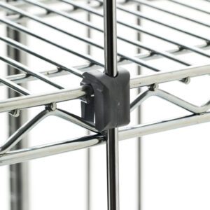 A close-up shows a metal wire shelf secured by a black plastic clip similar to Metro 9084P Rust-Proof Tabs for Super Erecta Wire Shelving Rods and Tabs, Bag of 4. The design features intersecting bars with the clip holding a horizontal bar to the vertical structure.