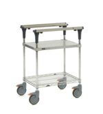 The Metro MS1824-FGBR PrepMate MultiStation 24 Prep Station features a solid galvanized top shelf, brite zinc wire bottom shelf with chrome posts, four grey swivel wheels, two tiers, and black handles at each end for versatile mobility.