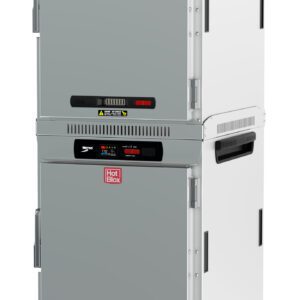 The Metro HBCW16-DS-M HotBlox is a 16-pan insulated dual-cavity mobile holding cabinet with stainless steel construction, featuring digital touchscreen controllers and (2X) 120V, 60Hz, 875W power input. It includes solid doors and side vents for temperature control, labeled as Hot Box for easy identification.