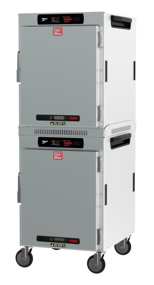 The Metro HBCW16-DS-M HotBlox is a 16-pan insulated dual-cavity mobile holding cabinet with stainless steel construction, featuring digital touchscreen controllers and (2X) 120V, 60Hz, 875W power input. It includes solid doors and side vents for temperature control, labeled as Hot Box for easy identification.