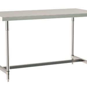 The Metro TWS2436SI-316-S TableWorx Work Table features a 24 x 36 Type 316 stainless steel top and adjustable Type 304 stainless steel legs and mounts, along with a stainless steel I-frame for stability.