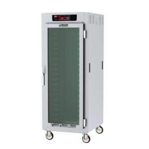 The Metro C589X-SFC-UPFS C5 8 Series Insulated Pass-Thru Holding Cabinet is a full-height commercial unit with a clear front door, universal wire slides, and temperature controls. It operates at 220-240V, 50/60Hz, is mobile on wheels, and holds trays on multiple shelves.
