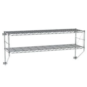 The Metro 12WS52C Erecta Shelf 2-Tier Wall Kit in chrome features a metal wall-mounted shelf measuring 13 x 50.25 x 21, with wire mesh and side support brackets for minimalist, industrial storage and organization.