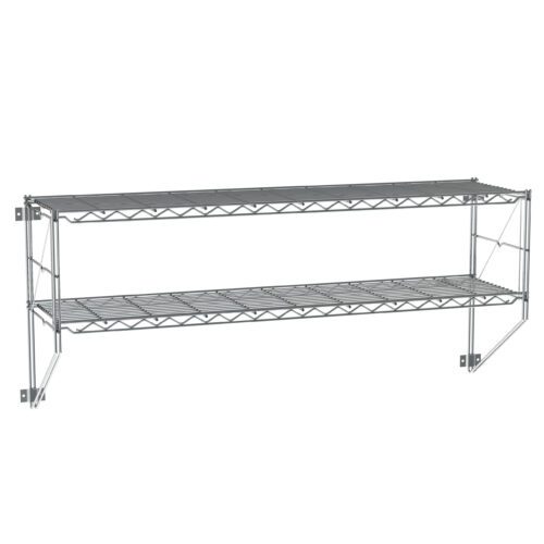 The Metro 12WS52C Erecta Shelf 2-Tier Wall Kit in chrome features a metal wall-mounted shelf measuring 13 x 50.25 x 21, with wire mesh and side support brackets for minimalist, industrial storage and organization.