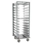 The Metro RD78NA33A120 Adjustable Pan Rack features a gray continuous bumper and pan stop. It is silver-colored, measures 26.375 x 28 x 69.5, and includes multiple horizontal shelves, ideal for holding trays or pans in commercial kitchens or bakeries.