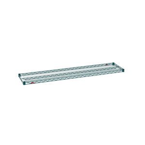 The 14 x 60 Metro Super Erecta 1460NK3 Industrial Wire Shelf features a green metal grid design with small red corner labels, ideal for storage. It boasts a sleek Metroseal Green Epoxy finish against a plain white background.