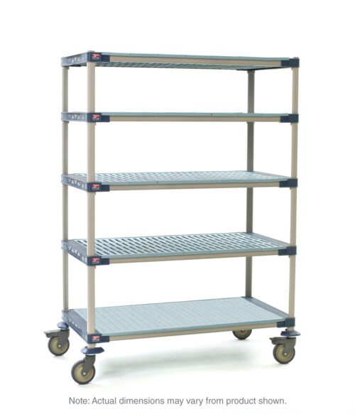 The MetroMax 4 5X367PG4 is a five-shelf industrial plastic mobile cart with an 18 x 60 x 79.3125 dimension, featuring a gray frame, flat perforated shelves, a solid bottom shelf, and swivel caster wheels for easy mobility, all in a sleek industrial design.