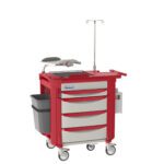The Metro LECCRP2-RD Lifeline Crash Cart, Red, is a medical unit with four drawers, a side bin, and an IV pole on wheels. It includes a defibrillator on top for emergency use in hospitals or clinics.