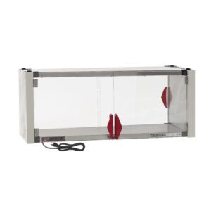 The Metro HS1442-EKIT Super Erecta Hot Enclosure Kit features a transparent laboratory fume hood with metal edges and dimensions of 42.7 x 17.7 x 17.4, red triangular handles on sliding doors in the front, and a black power cord on the left side connecting to a 400W, 120V power source.