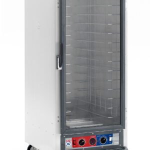 The Metro C517-CXFC-4A C5 1 Series is a 3/4 height, mobile holding/proofing cabinet with fixed wire slides, featuring a transparent door and precise controls via two large dials and several buttons. It operates on 220-240V, 50/60Hz, with power of 1681-2000W.