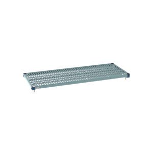 This 21 x 54 grey metal scaffold platform has a perforated surface, small raised ends for secure attachment, and provides a stable walking surface similar to the MetroMax Q MQ2154G Plastic Industrial Shelf with Grid Mat. Ideal for construction or maintenance work.