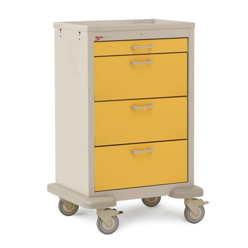 The Metro MBX1030ISOB Basix Isolation Cart features four drawers with a beige frame and yellow fronts. It includes four wheels, two being front swivel wheels, and an ergonomic top handle for easy maneuverability.