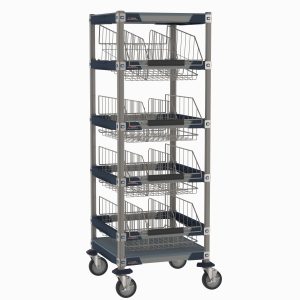 The 24 x 24 MetroMax i MXIV2 IV Transport/Storage Sloped Basket Cart with Top Shelf features a robust metal frame and five shelves with wire baskets, perfect for organizing and transporting items. Swivel casters ensure easy mobility, making it an efficient storage solution.