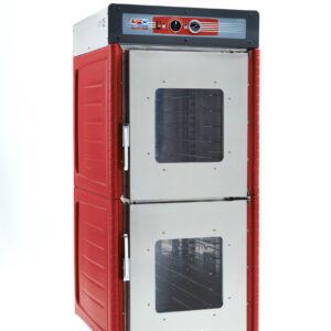 The Metro C549-ASDC-U C5 4 Series Insulated Holding Cabinet, full height with Dutch clear doors and Universal Wire Slides, features a red and silver finish, operates on 120V/60Hz/1400W, includes control knobs on its panel, has vented panels, and is mounted on wheels for easy mobility.
