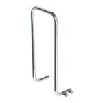 The Metro H2020C Dish Rack Dolly Handle features a shiny, rectangular silver design with smooth curves and sturdy mounting brackets on both ends, ideal for door installations. Its sleek look stands out against the white background.