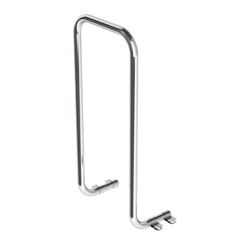 The Metro H2020C Dish Rack Dolly Handle features a shiny, rectangular silver design with smooth curves and sturdy mounting brackets on both ends, ideal for door installations. Its sleek look stands out against the white background.