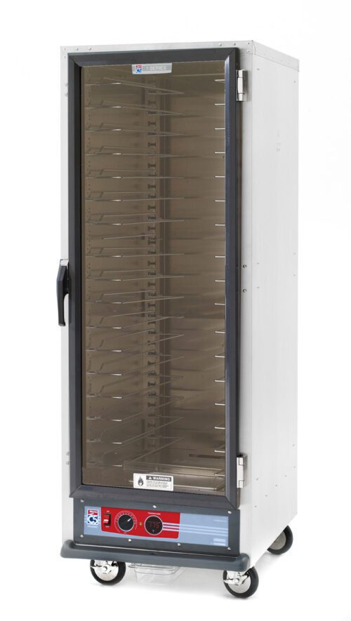 The Metro C519-HFC-U C5 1 Series Holding Cabinet is a full-height stainless steel unit with a transparent door, black handle, and Universal Wire Slides. It operates at 2000W on 120V, 60Hz, has multiple racks, and is mounted on wheels for easy movement.