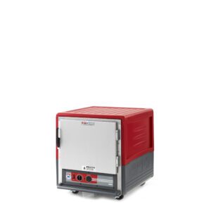 The Metro C533-HLFS-U C5 3 Series Insulated Holding Cabinet features a red top and silver front with control knobs and vents on the lower panel. It stands securely on a universal wire base and operates smoothly at 120V.