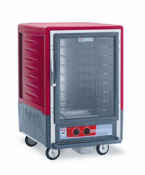The Metro C535-HLFC-4A C5 3 Series insulated holding cabinet is a 1/2 height unit with a full-length clear door outlined in red. It has fixed wire slides, multiple shelves, and bottom dials, runs on 120V power at 1440W, and features wheels for easy transport.