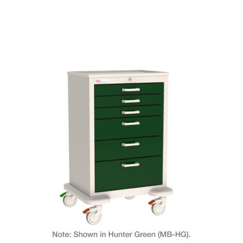 The Metro MBX3210TL Basix General Use Medical Cart features a white frame with six hunter green drawers and a lock on the top drawer. A note confirms its color as Hunter Green (MB-HG).
