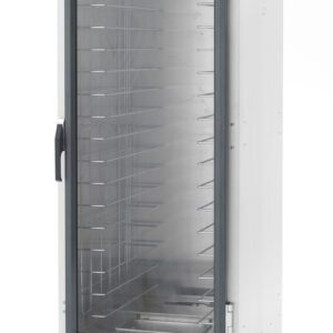 The Metro C519-HFC-4 C5 1 Series is a full-height, stainless steel holding cabinet with transparent door, multiple fixed wire slides for trays, and four wheels. It features a bottom control panel with 120V temperature controls, a digital display, and runs efficiently at 60Hz.