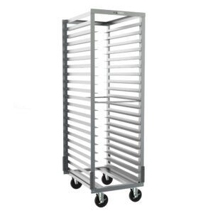 The tall Metro RD3NA37 End-Load Pan Rack, featuring 3 slide spacing and multiple tray slats, is equipped with gray corner bumpers and black swiveling caster wheels. It measures 22 x 30 x 69.75 and stands against a white backdrop.