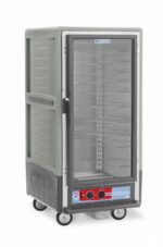 The Metro C537-HXFC-U-GYA C5 3 Series insulated holding cabinet is a gray, 3/4 height unit with a full-length clear door and universal wire slides. Operating at 220-240V, 50/60Hz and 1681-2000W, it features control knobs and a display on the bottom section.