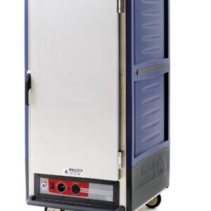 The Metro C537-HXFS-L-BUA C5 3 Series Insulated Holding Cabinet is a mobile 3/4 height food warming unit with a full-length solid door, blue finish, and aluminum slides. It features bottom control panel knobs for precise temperature settings on 220-240V.