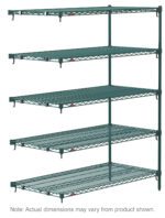 Against a white background is the Metro Super Adjustable Super Erecta 5AA447K3, a green five-tiered industrial wire shelving add-on unit with Metroseal Green Epoxy coating. The 21 x 42 x 74 shelves are metal mesh supported by vertical bars. Note: Actual dimensions may vary.