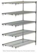 A side view of the 5AA457C Metro Super Adjustable Super Erecta reveals its five adjustable wire shelves supported by four chrome poles. The 21x48x74 industrial shelving units dimensions may slightly vary from those shown.