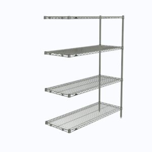 The Metro AN356C Super Erecta 4-Shelf Add-On Unit, measuring 18 x 48 x 63, has a chrome finish with four wire shelves on a single support pole, highlighted against a white background.