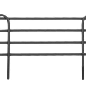 A flat, elongated black metal wire structure with two horizontal bars and three vertical loops forms an abstract, minimalistic shape. Inspired by the Metro L18N-4BL Super Erecta 4 High Stackable Ledge for Wire Shelving, it measures 18 on a plain white background.