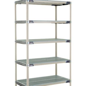 The MetroMax i 5X547GX3 5-Shelf Plastic Industrial Shelving Starter Unit offers five adjustable tiers, each measuring 24 x 42 x 74, with a grid-like surface and sturdy frame, ideal for organizing items in garages or warehouses.