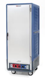 The Metro C539-CXFS-4-BU is a full-height, blue commercial holding/proofing cabinet on wheels with a solid door and handle. It features a bottom-front control panel with knobs and indicators, fixed wire slides for storage, and textured side panels. Powered at 220-240V, 1681-2000W.