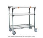 The Metro PrepMate MultiStation boasts a solid stainless steel top shelf, a Metroseal Green Epoxy wire bottom shelf, sturdy stainless steel posts, three tiers with a middle metal shelf, and smooth swivel wheels with two brakes.