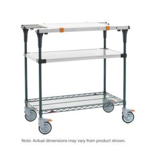The Metro PrepMate MultiStation boasts a solid stainless steel top shelf, a Metroseal Green Epoxy wire bottom shelf, sturdy stainless steel posts, three tiers with a middle metal shelf, and smooth swivel wheels with two brakes.