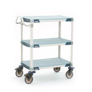 The MetroMax i MXUC1830F-35L 3-Shelf Industrial Polymer Shelving Lab Utility Cart, with solid shelf mats, measures 18 W x 30 L x 39.25 H. It features a white and blue frame, gray shelves, metal handle, and large swivel wheels, making it ideal for industrial or office use.