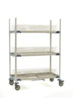 The MetroMax i PR48VX2-XDR Mobile Drying Rack, measuring 26 x 50 x 68, includes V-shaped wire dividers, three tray racks, a drip tray on three-tier metal utility shelves, and four swivel casters. The cart is showcased against a plain white background.