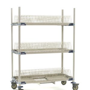 The MetroMax i PR48VX2-XDR Mobile Drying Rack, measuring 26 x 50 x 68, includes V-shaped wire dividers, three tray racks, a drip tray on three-tier metal utility shelves, and four swivel casters. The cart is showcased against a plain white background.