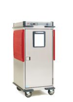 The Metro C5T8X-DSBA C5 T-Series Heated Transport Cabinet is a mobile metal food service cart with red side panels and handles, featuring a top control panel, full-length solid door, and adjustable bottom load slides for versatile storage and transport.