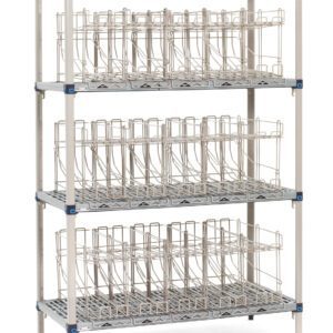The MetroMax Q MQCR243674 is a 4-shelf can rack unit with metal dividers for bottle storage, supported by sturdy metal legs. Dimensions are 24 x 36, but may vary.
