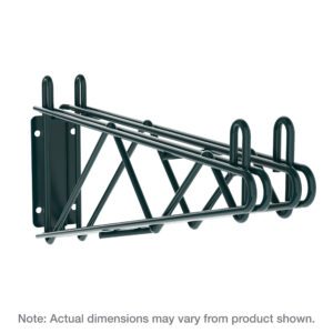 The Metro 2WD14K3 Super Erecta Direct Wall Mount Double Shelf Bracket holds bicycles vertically with multiple loops. Made of metal with a Metroseal green epoxy finish, it complements the system. Note: Actual dimensions may vary from product shown.