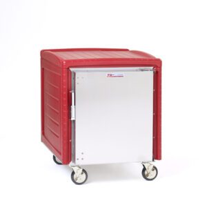 The Metro C545N-SLA C5 4N Series Transport Cabinet is a red, 1/2 height cart with lip load aluminum slides, a sturdy metal door with a label, rectangular design, and four casters for easy mobility to keep food hot or cold.