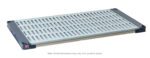 A MetroMax 4 MAX4-2142G Plastic Industrial Shelf with a grid mat, featuring grey and blue panels, measures 21 x 42. Note: Dimensions may vary.