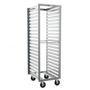 The Metro RD13N End-Load Pan Rack features a stainless steel structure with 3 slide spacing, measuring 21.25 x 26.5 x 69.75. It includes four large black wheels for easy mobility and is open on all sides, ideal for kitchen or catering use.