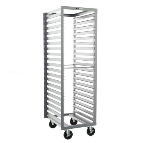 The Metro RD13N End-Load Pan Rack features a stainless steel structure with 3 slide spacing, measuring 21.25 x 26.5 x 69.75. It includes four large black wheels for easy mobility and is open on all sides, ideal for kitchen or catering use.