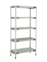 The MetroMax i 5X337HX3 5-Shelf Plastic Industrial Shelving Starter Unit, measuring 18 x 36 x 74, has a sleek silver and blue frame with five adjustable grid-pattern shelves and a solid bottom shelf, offering rugged storage as an ideal freestanding industrial solution.