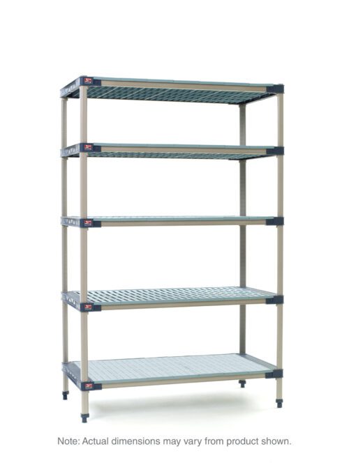 The MetroMax 4 5X567H4 shelving unit, 24 x 60 x 74, features five adjustable tiers with a grid pattern and a solid bottom shelf. Its perfect for industrial storage, stands on four sturdy legs with adjustable feet. Note: dimensions may vary slightly from those shown.
