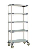 The MetroMax i 5X337EGX3 Mobile Cart is a tall, industrial plastic shelving unit with five adjustable shelves, a solid bottom shelf, and four casters. Its open design supports heavy-duty storage and measures 18 x 36 x 79.3125.
